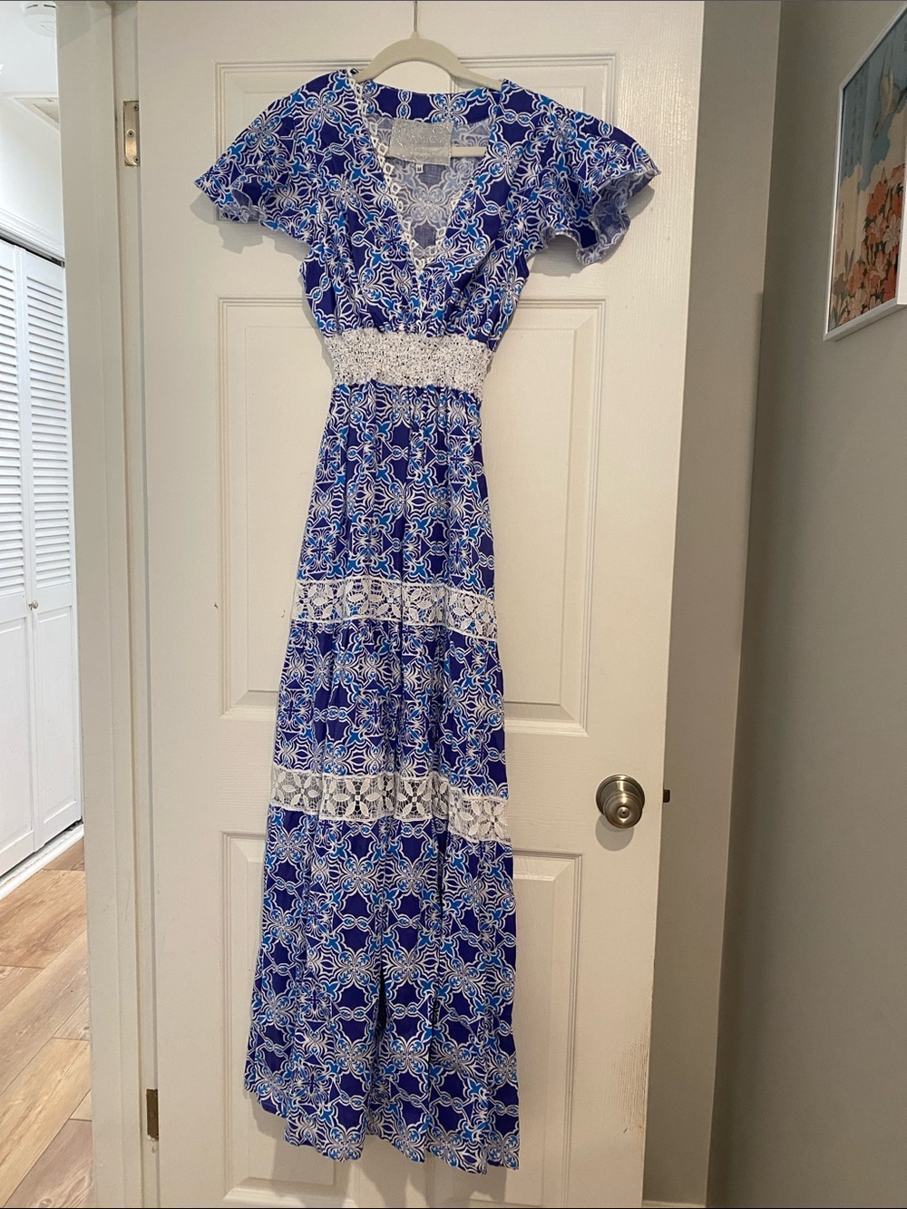 Blue Floral V-Neck Maxi Dress with Lace Trim